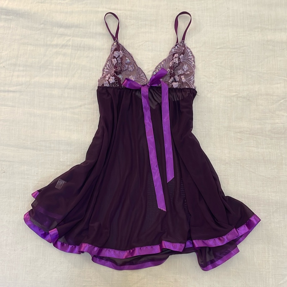 Purple slip dress with sequin lace top